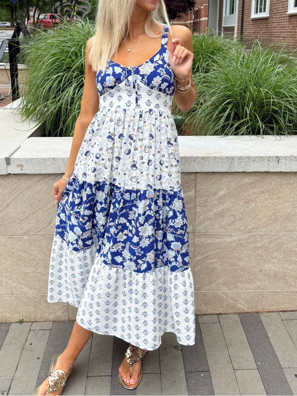 Perch Blu Pepper wildflower 1X Blue White Floral Tiered Midi Maxi Sundress Boho